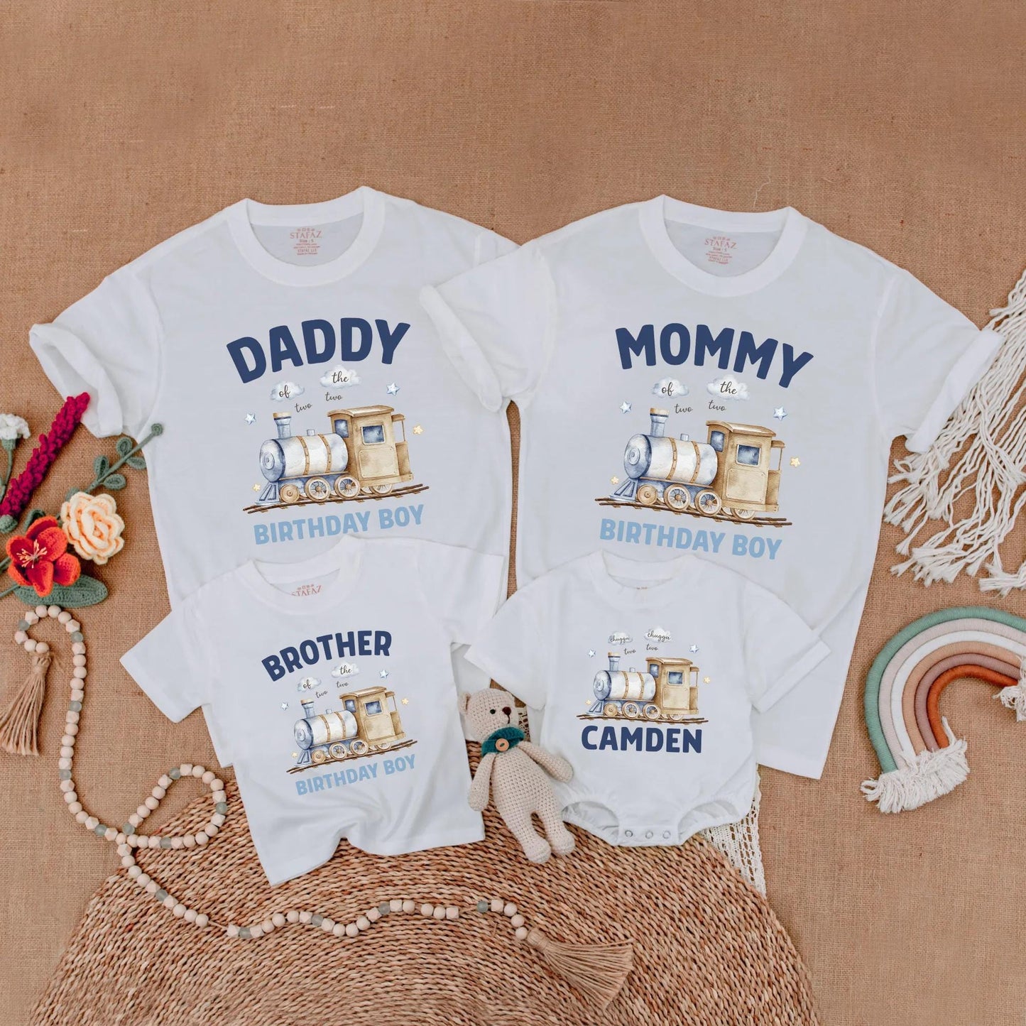Matching Train Birthday Family Shirts, Chugga Chugga Two Two Outfit, 2nd Birthday Boy, Watercolor Train Design, Soft Blues & Tans