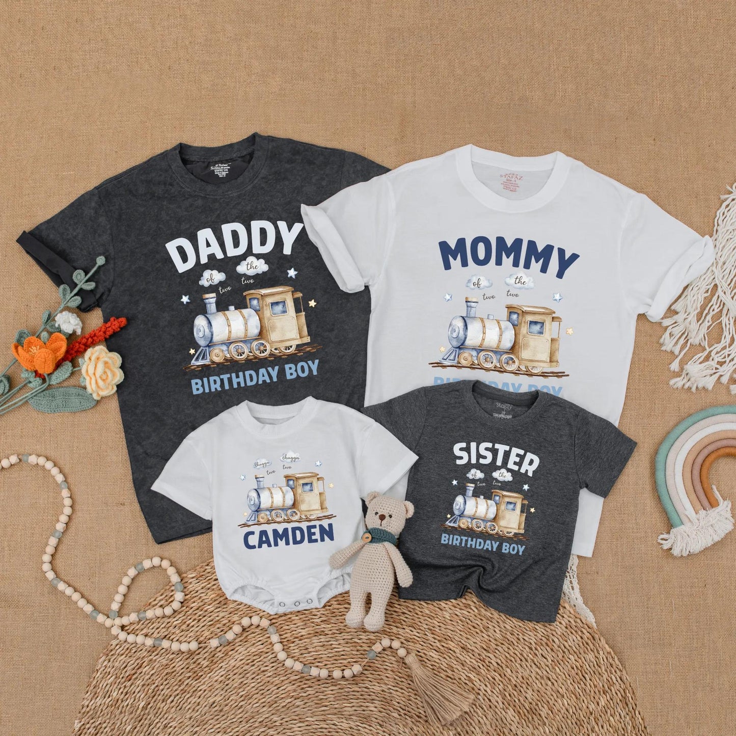 Matching Train Birthday Family Shirts, Chugga Chugga Two Two Outfit, 2nd Birthday Boy, Watercolor Train Design, Soft Blues & Tans