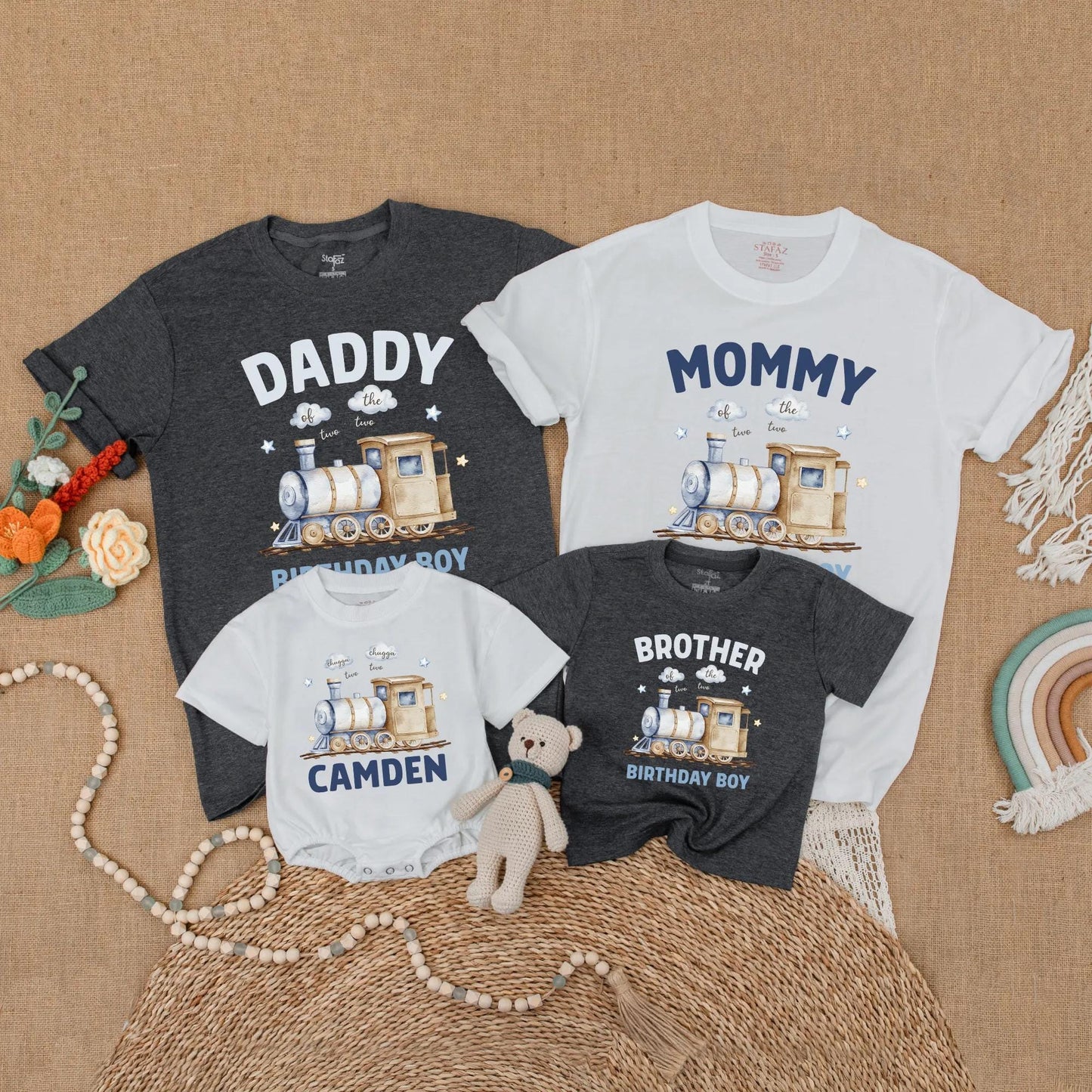 Matching Train Birthday Family Shirts, Chugga Chugga Two Two Outfit, 2nd Birthday Boy, Watercolor Train Design, Soft Blues & Tans