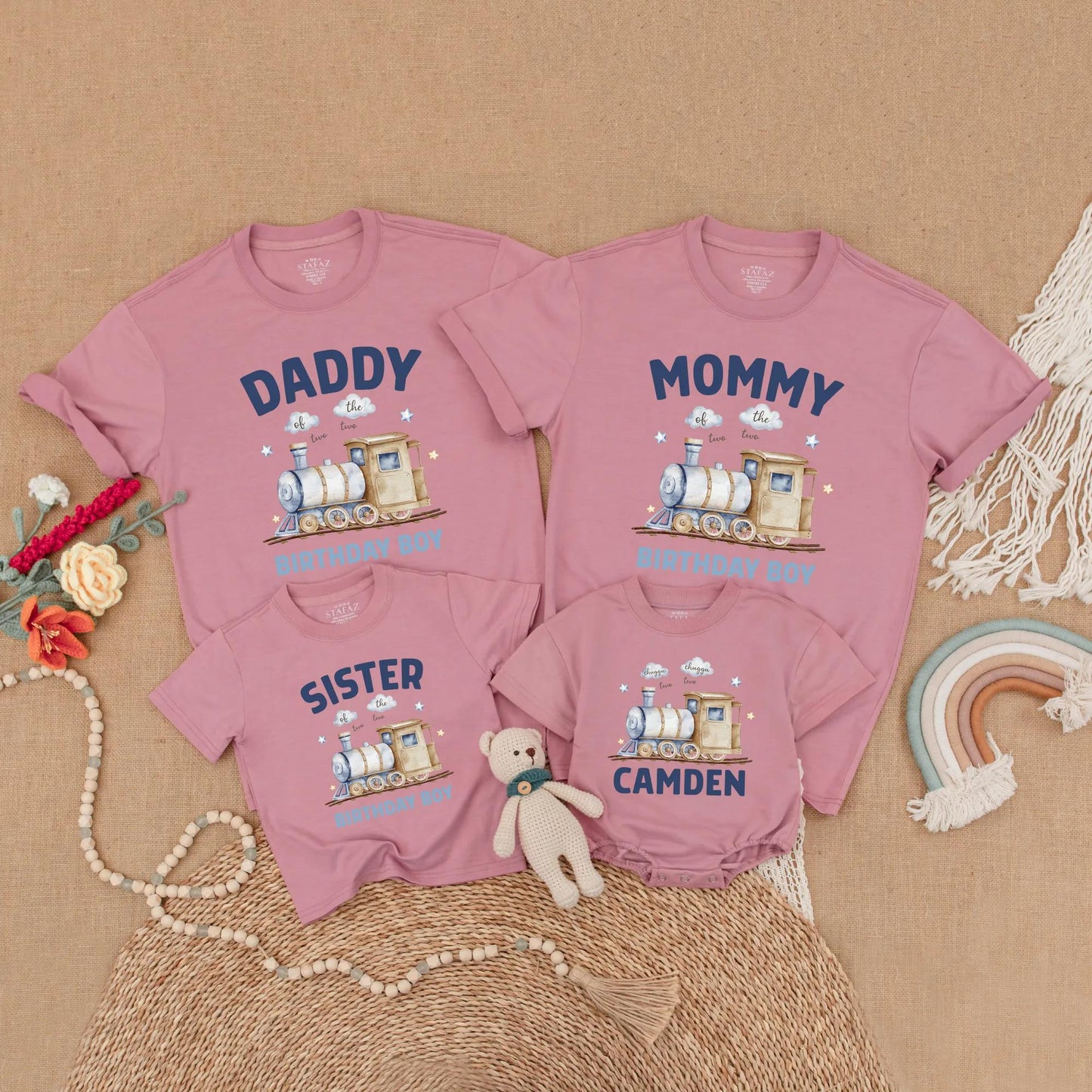 Matching Train Birthday Family Shirts, Chugga Chugga Two Two Outfit, 2nd Birthday Boy, Watercolor Train Design, Soft Blues & Tans