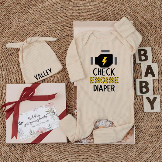 Check Engine Baby Bodysuit Funny Mechanic Diaper Humor Cute Lightning Bolt Engine Yellow Black Hazard Tape Style Baby Shower Gift for Newborns