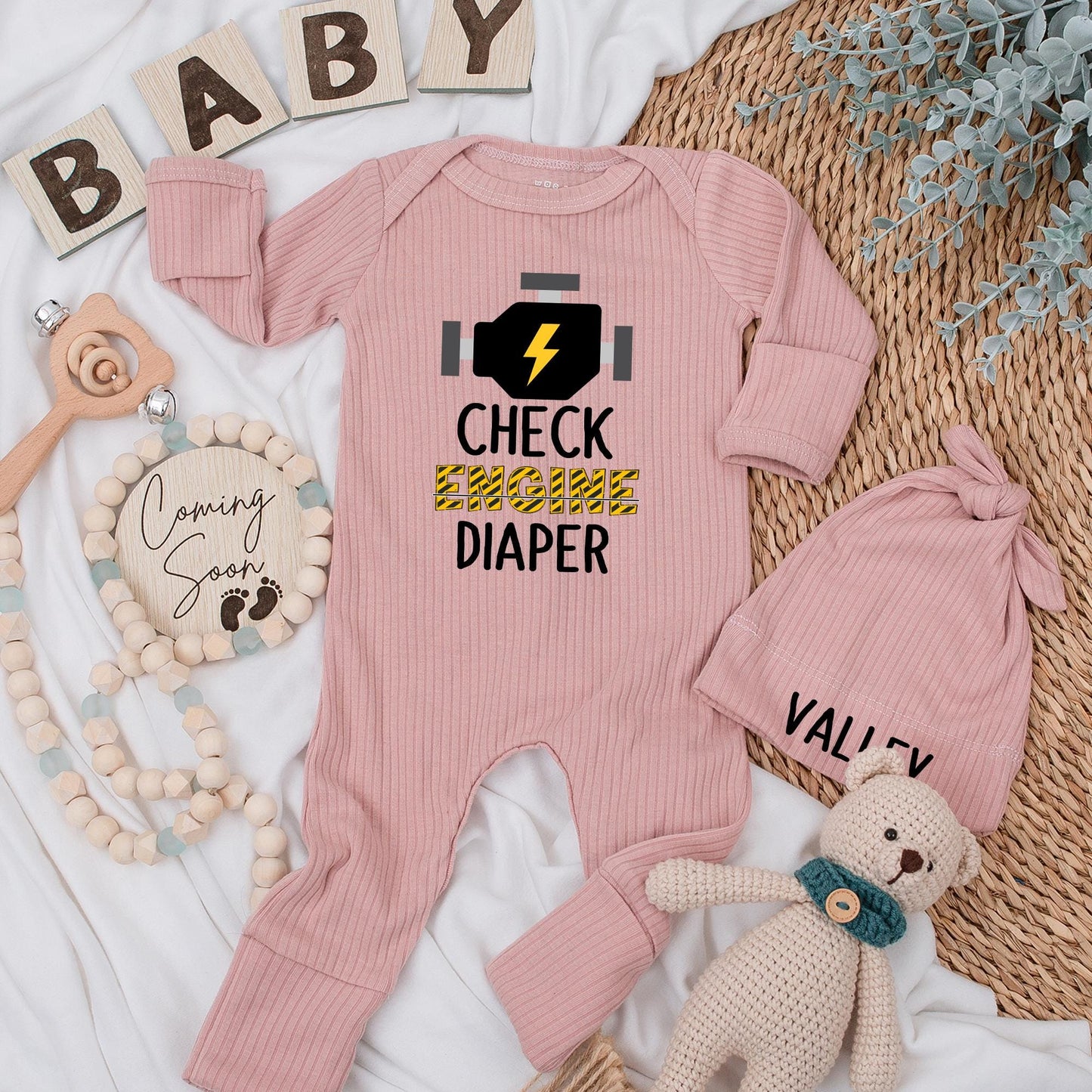 Check Engine Baby Bodysuit Funny Mechanic Diaper Humor Cute Lightning Bolt Engine Yellow Black Hazard Tape Style Baby Shower Gift for Newborns