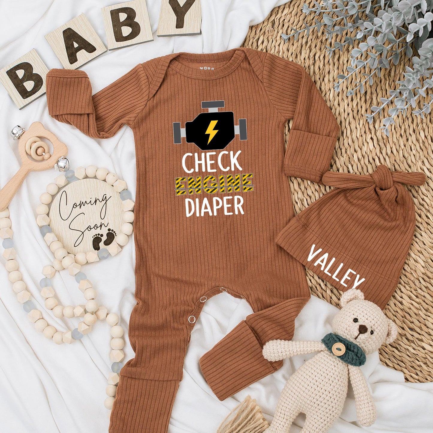 Check Engine Baby Bodysuit Funny Mechanic Diaper Humor Cute Lightning Bolt Engine Yellow Black Hazard Tape Style Baby Shower Gift for Newborns