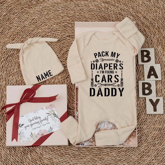 Daddy and Me Baby Bodysuit 'PACK MY DIAPERS I'M FIXING CARS WITH DADDY' Mechanic Newborn Outfit Garage Buddy Boy Shower Gift