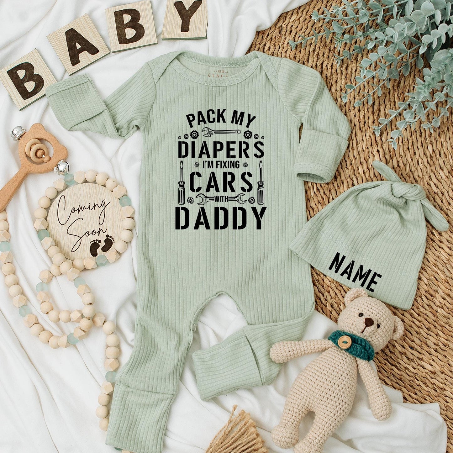 Daddy and Me Baby Bodysuit 'PACK MY DIAPERS I'M FIXING CARS WITH DADDY' Mechanic Newborn Outfit Garage Buddy Boy Shower Gift