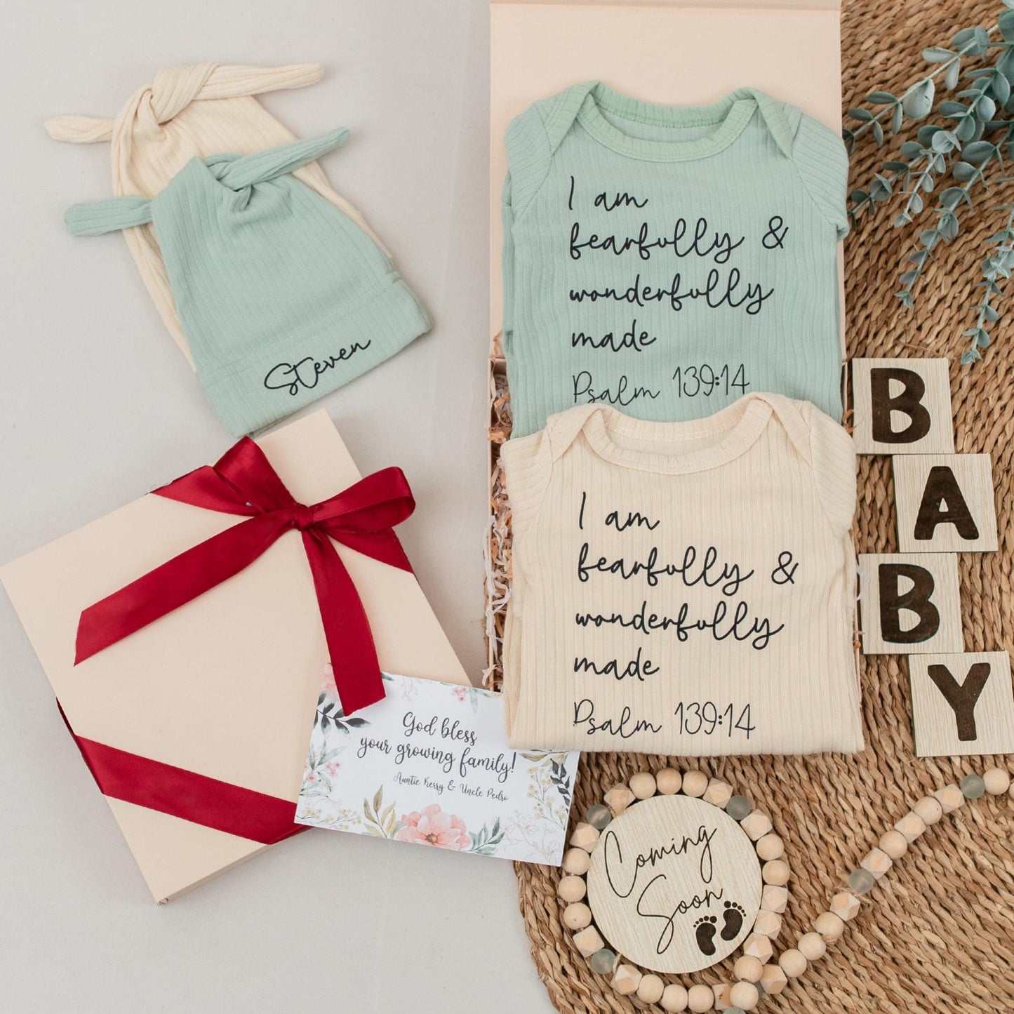Fearfully Made Baby Bodysuit Psalm 139:14 Christian Newborn Romper Set Simple Modern Black Text Unisex Gift Coming Home Outfit Shower Present 138chars