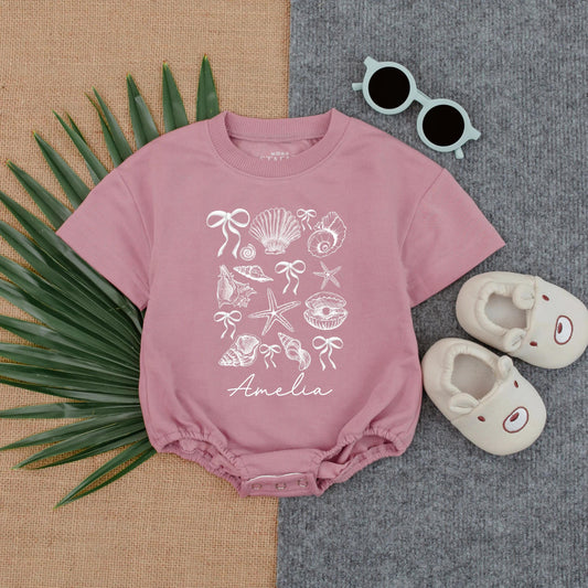 Personalized Seashell Baby Bubble Romper Short Sleeve Ocean Beach Outfit for Toddler Infant Girl Summer Vacation Gift