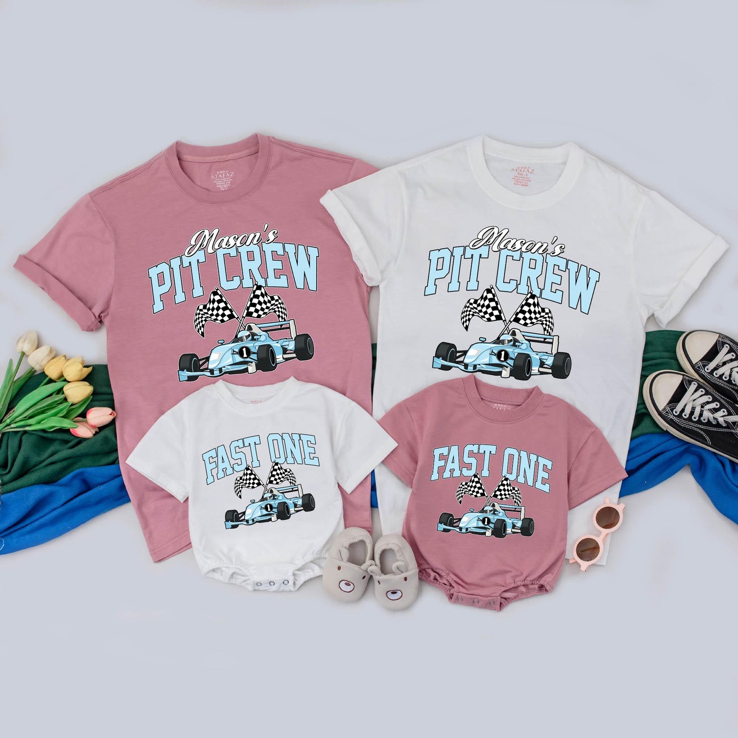 Matching Pit Crew Family Racing Shirts: Personalized 1st Birthday Boy Outfit, Fast One Race Car Theme Cotton Gift for Family