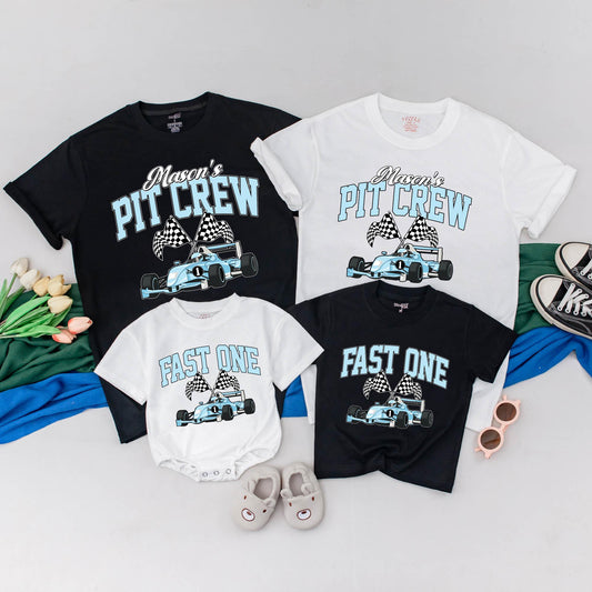 Matching Pit Crew Family Racing Shirts: Personalized 1st Birthday Boy Outfit, Fast One Race Car Theme Cotton Gift for Family