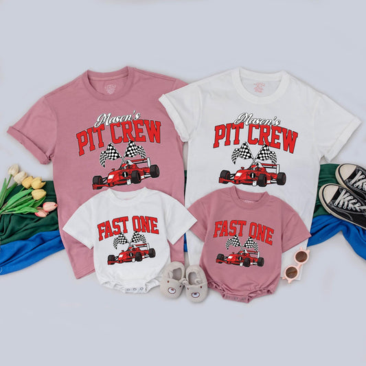 Personalized Pit Crew Family Matching T-Shirts, Race Car Birthday Outfit for 1st Birthday Girl or Boy, Fast One Shirts