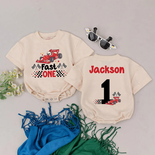 Personalized Fast One Race Car Baby Romper for 1st Birthday Outfit Custom Name Race Theme Bodysuit Boy Gift Idea