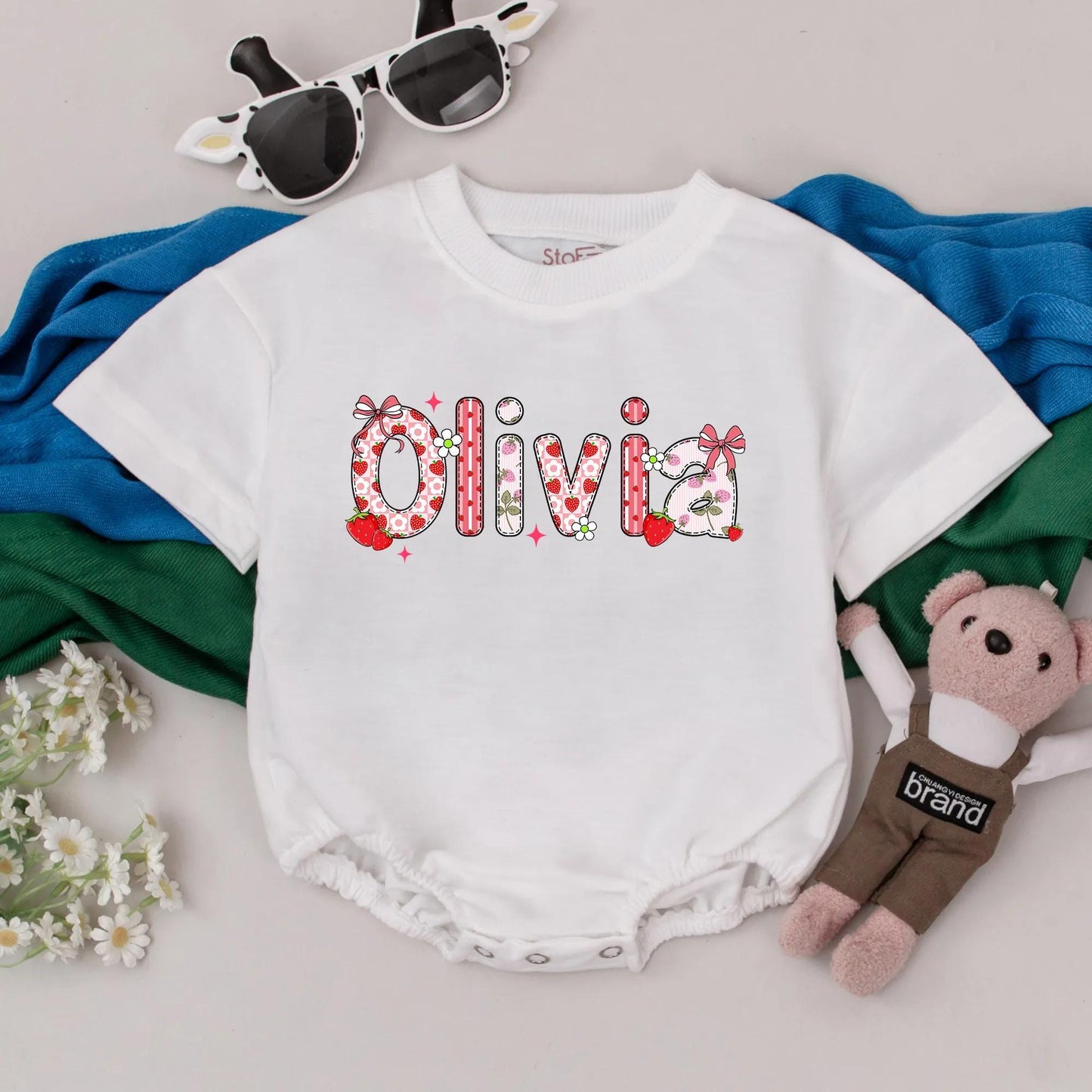 Personalized Strawberry Baby Girl Romper Custom Name Floral Summer Bodysuit Cute Newborn Fruit Birthday Gift Outfit