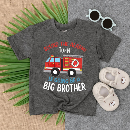 Personalized Big Brother Firetruck Shirt & Matching Baby Boy Romper Outfit Sound The Alarm New Sibling Pregnancy Reveal Gift Infant Clothes