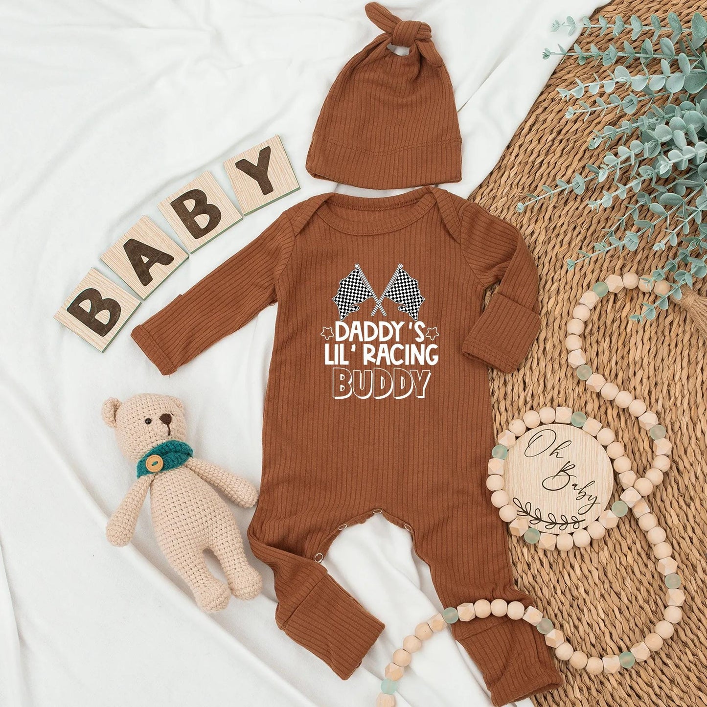 Custom Daddy's Lil' Racing Buddy Baby Bodysuit Father's Day Checkered Newborn Outfit New Dad Gift