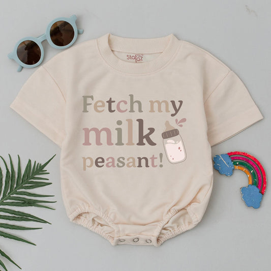 Fetch My Milk Baby Romper Cute Infant Bodysuit Newborn Outfit Adorable Milk Design Summer Clothes Baby Shower Gift Idea Retro Style Gift for New Mom 136