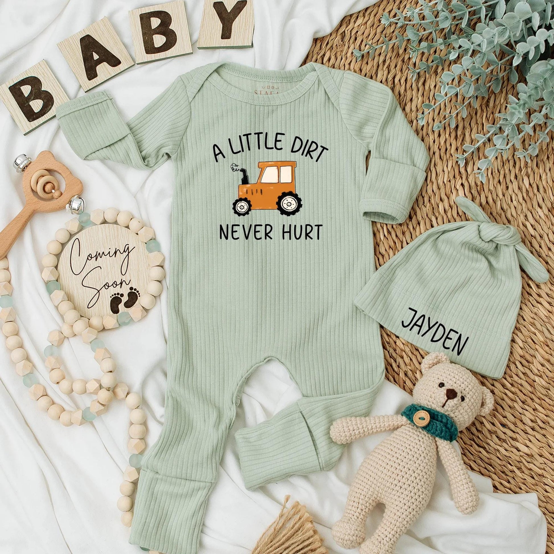Personalized A Little Dirt Never Hurt Baby Bodysuit Custom Name Farm Tractor Country Boy Outfit Newborn Baby Shower Gift Idea