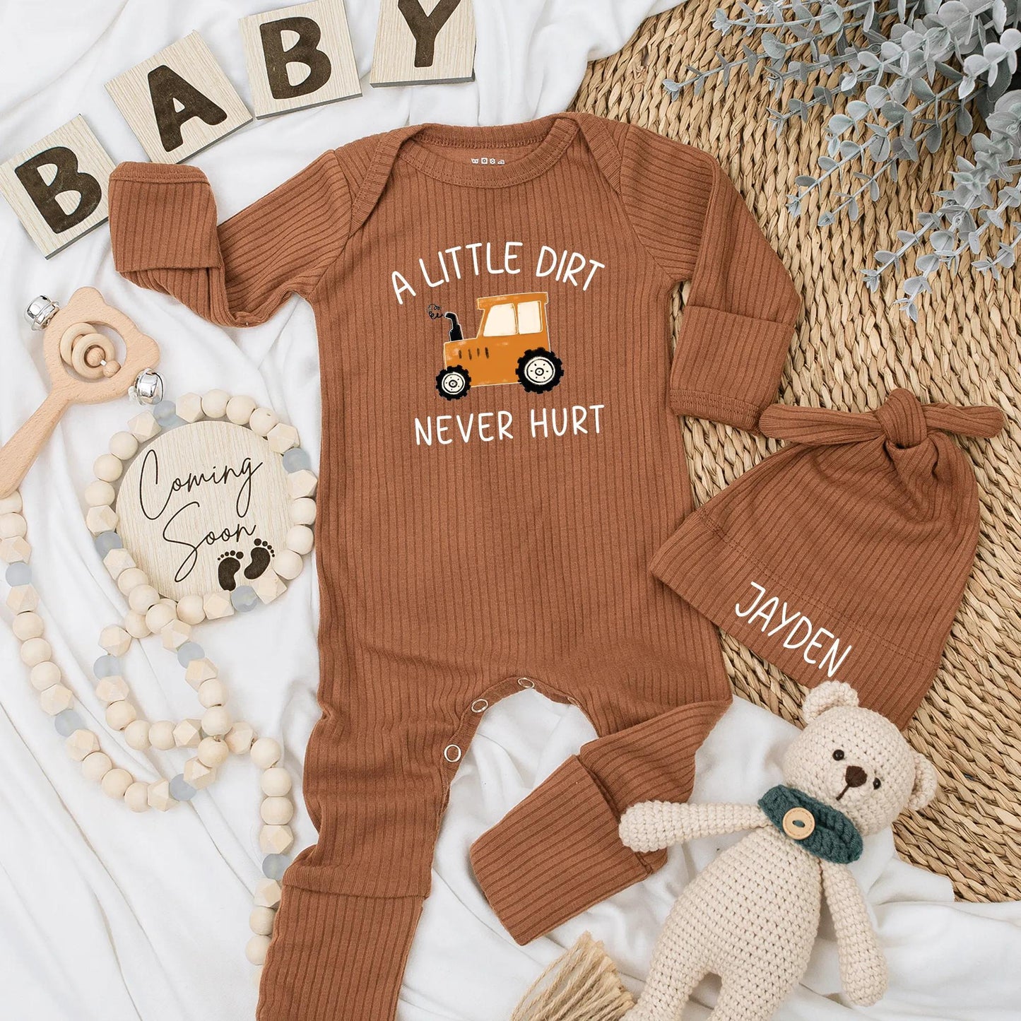 Personalized A Little Dirt Never Hurt Baby Bodysuit Custom Name Farm Tractor Country Boy Outfit Newborn Baby Shower Gift Idea