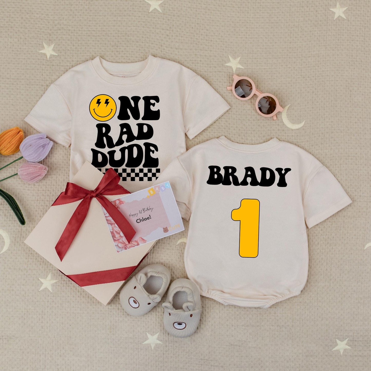 Custom Name One Rad Dude Birthday Romper Boys Retro Groovy Smiley Face & Checkered Outfit First Birthday Gift