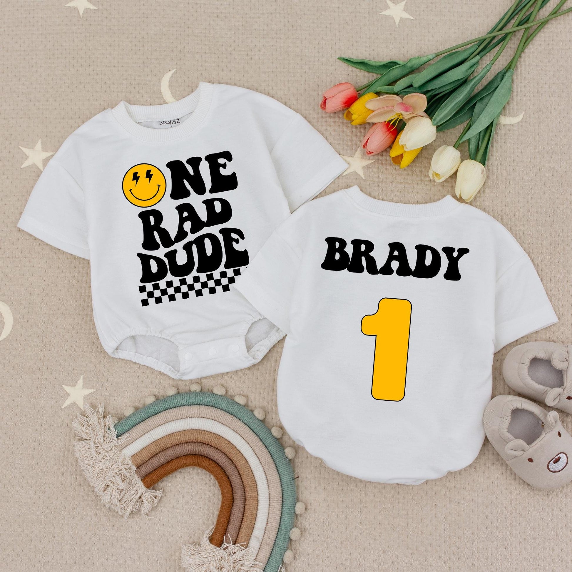 Custom Name One Rad Dude Birthday Romper Boys Retro Groovy Smiley Face & Checkered Outfit First Birthday Gift