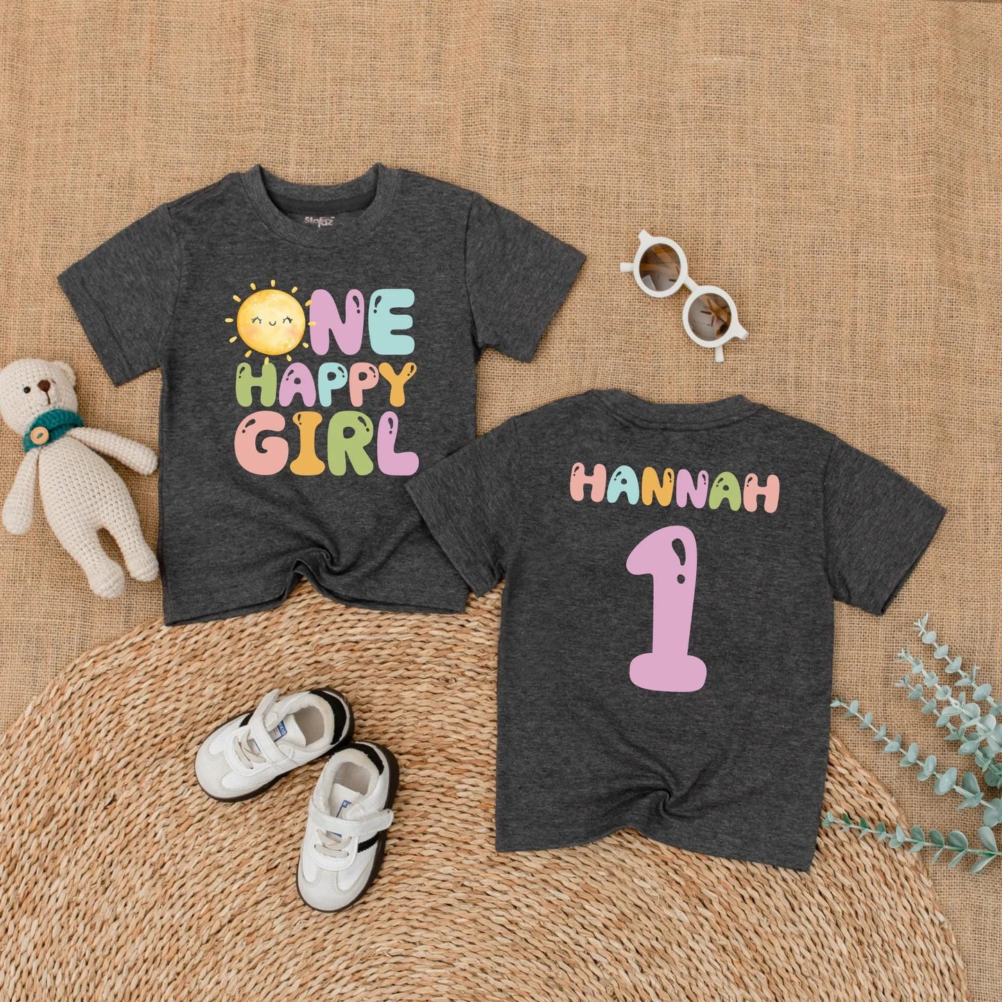 Custom Name One Happy Girl First Birthday Bubble Romper Baby Girl Outfit First Trip Around the Sun Groovy Retro Sunshine Short Sleeve Bodysuit