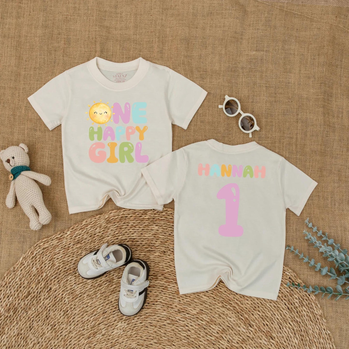 Custom Name One Happy Girl First Birthday Bubble Romper Baby Girl Outfit First Trip Around the Sun Groovy Retro Sunshine Short Sleeve Bodysuit