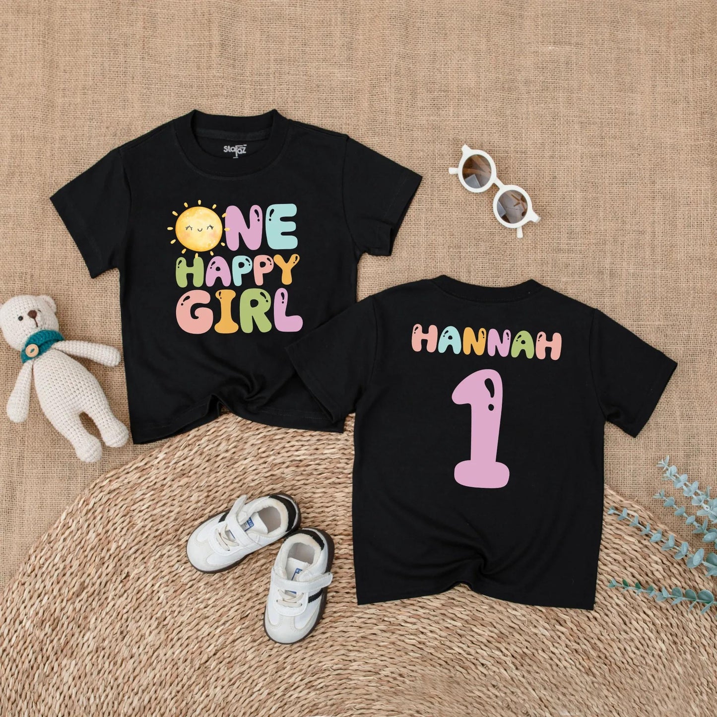 Custom Name One Happy Girl First Birthday Bubble Romper Baby Girl Outfit First Trip Around the Sun Groovy Retro Sunshine Short Sleeve Bodysuit