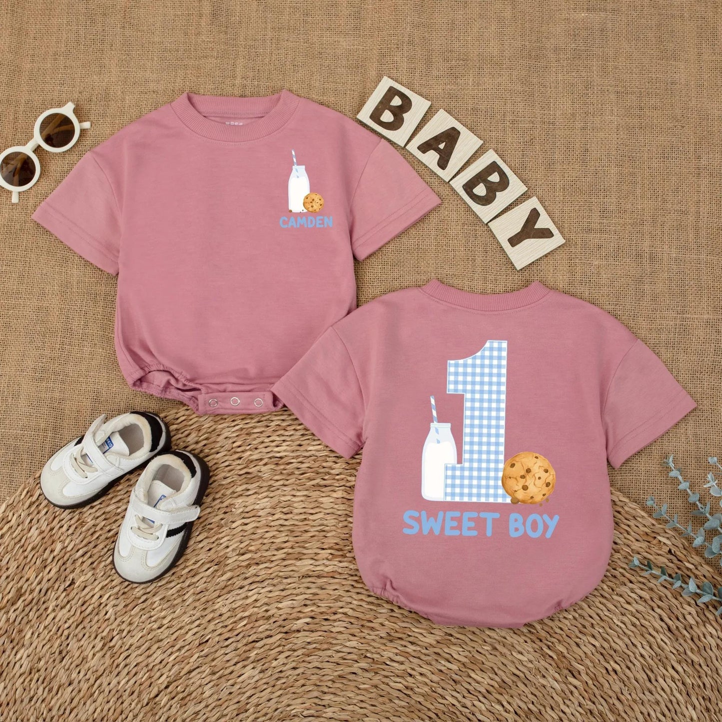 Custom Name One Sweet Boy Cookie Bubble Romper First Birthday Baby Boy Outfit Short Sleeves Summer Milk Cookies Party Theme Gift Apparel