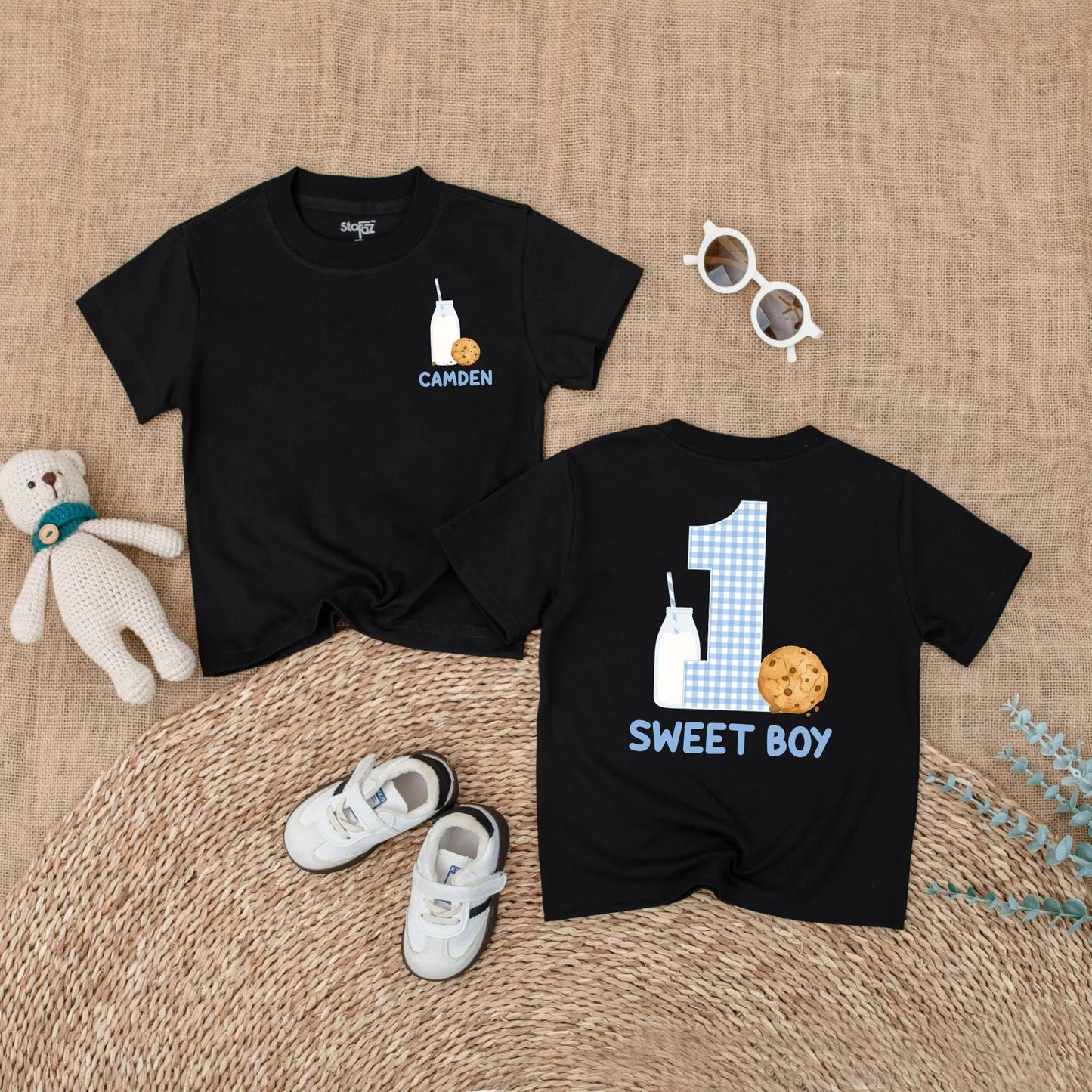 Custom Name One Sweet Boy Cookie Bubble Romper First Birthday Baby Boy Outfit Short Sleeves Summer Milk Cookies Party Theme Gift Apparel