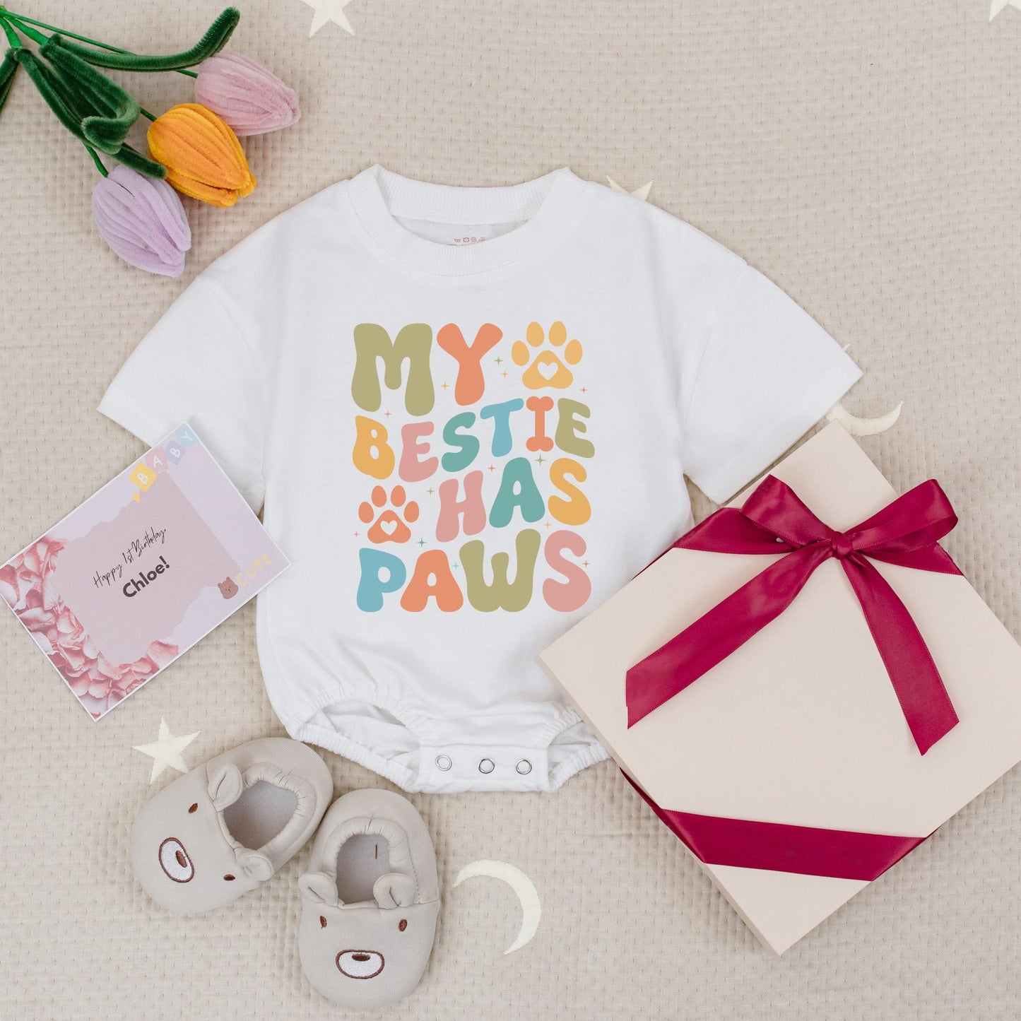 Retro 'My Bestie Has Paws' Baby Romper with Olive Green, Orange, Teal & Pink Colors, Pet Lover Baby Bodysuit Gift