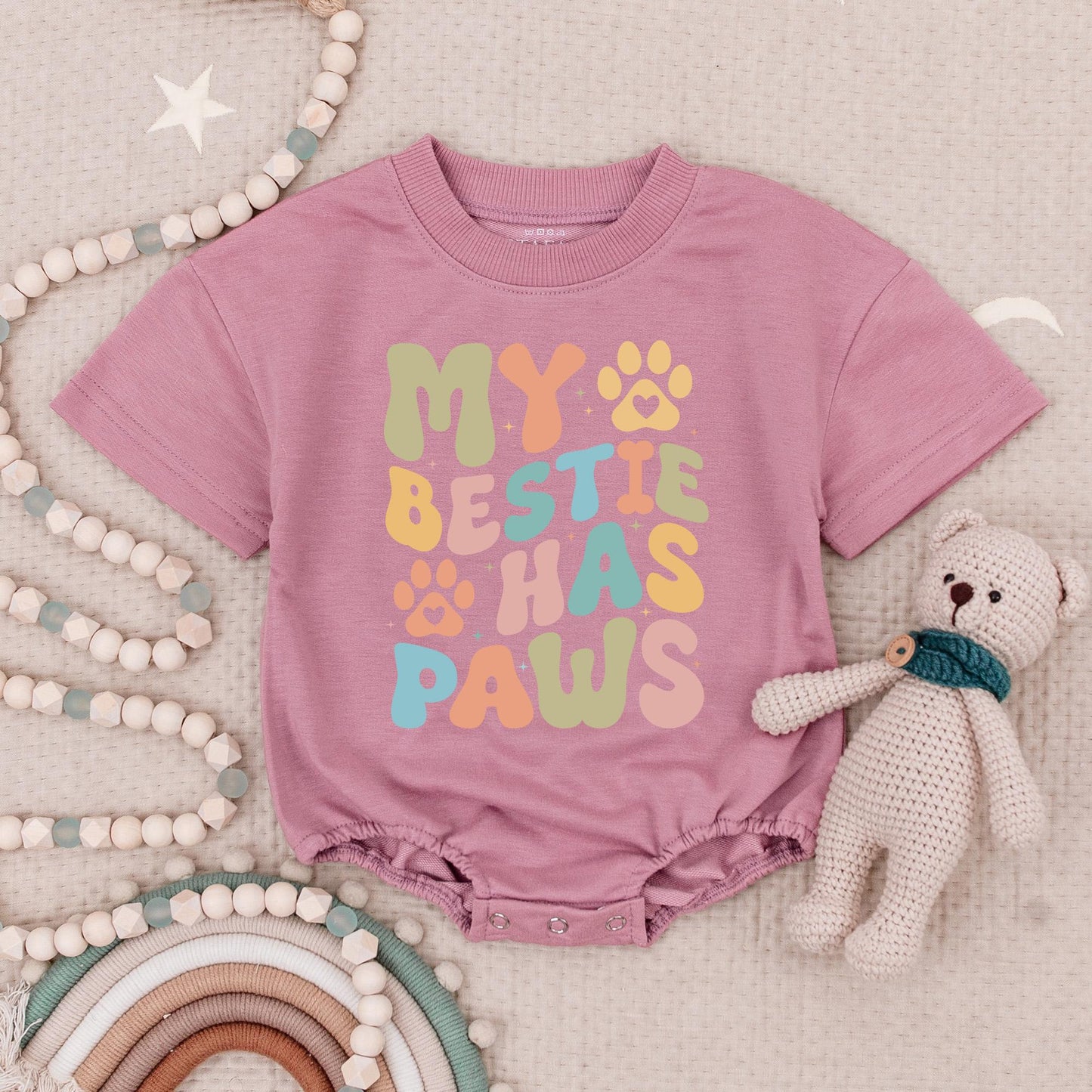 Retro 'My Bestie Has Paws' Baby Romper with Olive Green, Orange, Teal & Pink Colors, Pet Lover Baby Bodysuit Gift