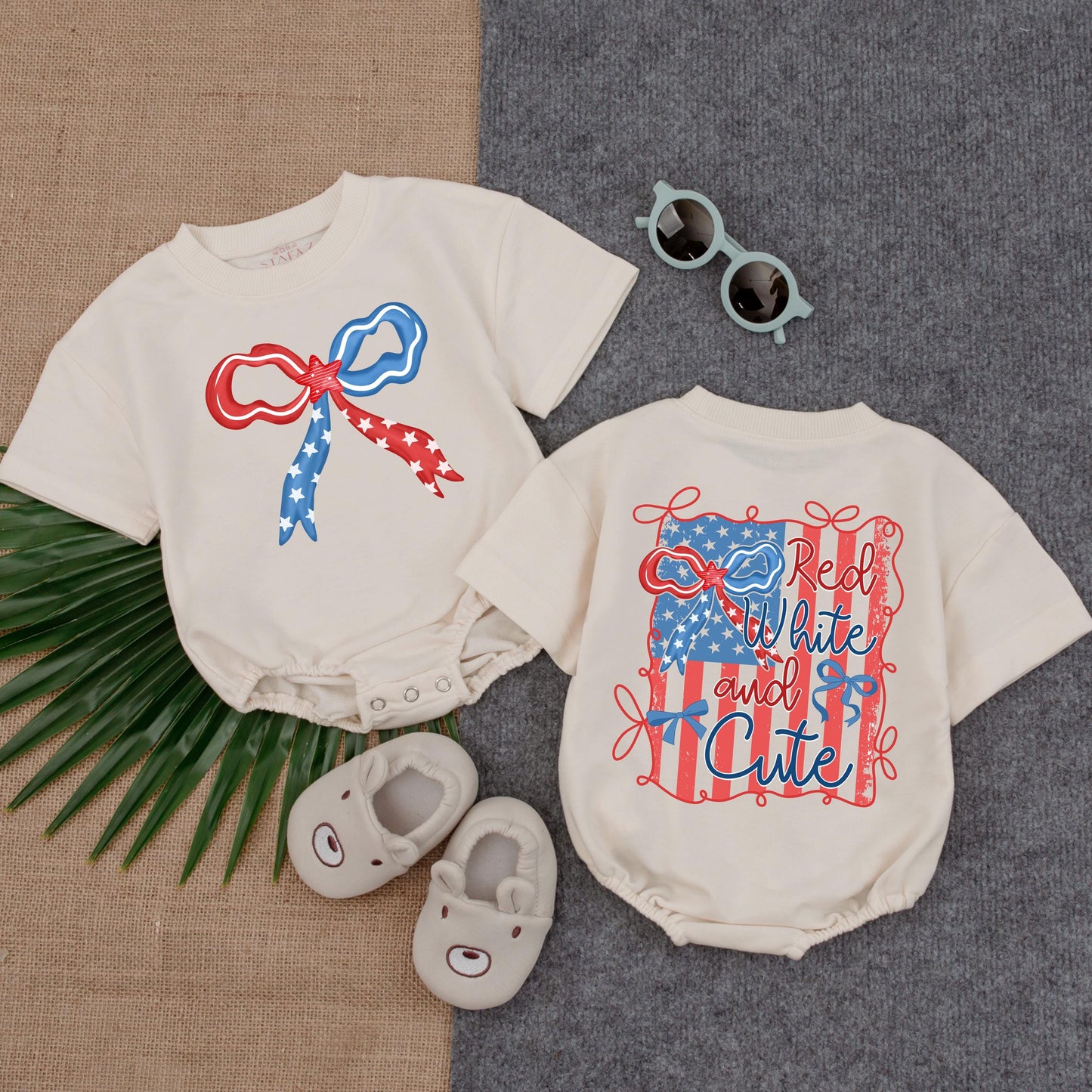 Red White Cute Bubble Romper USA Toddler Baby Outfit First Birthday Memorial Day Trendy Short Sleeve American Flag Baby Shower Gift