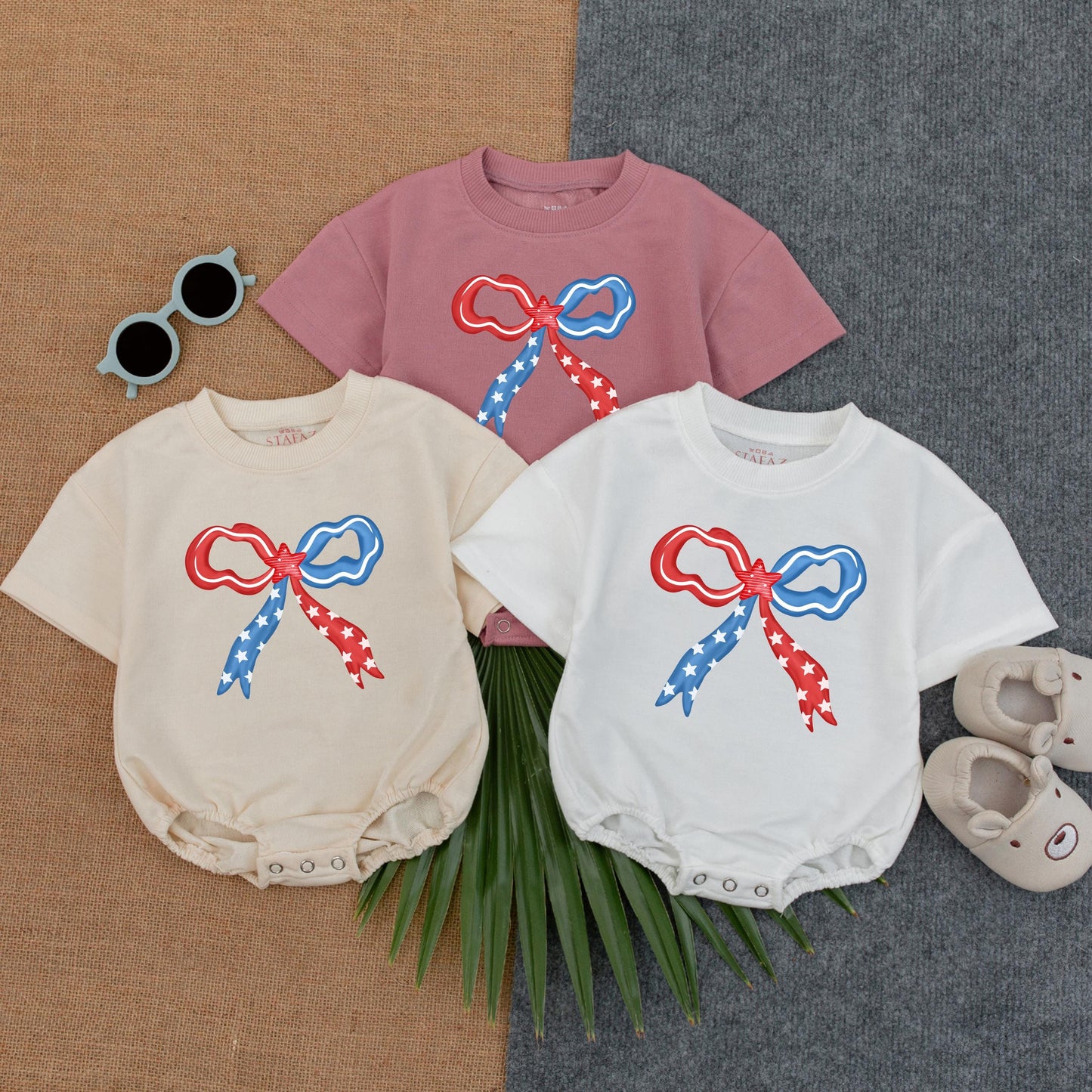 Red White Cute Bubble Romper USA Toddler Baby Outfit First Birthday Memorial Day Trendy Short Sleeve American Flag Baby Shower Gift