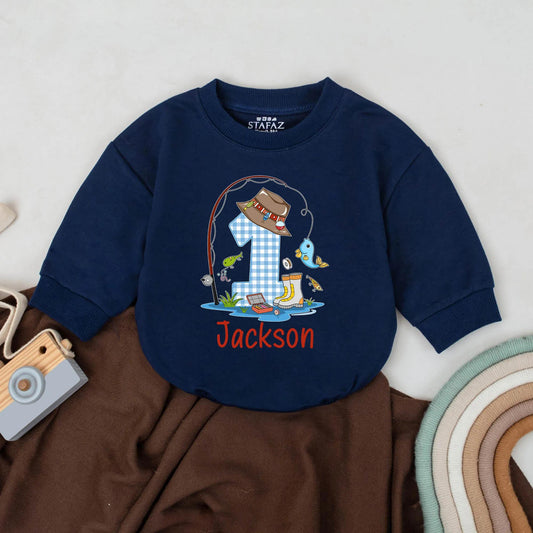 Custom The Big One Fishing Birthday Romper for Baby Boy - Personalized Name Bubble Romper, Daddy's Fishing Buddy Outfit, First Birthday Gift (137 chars)