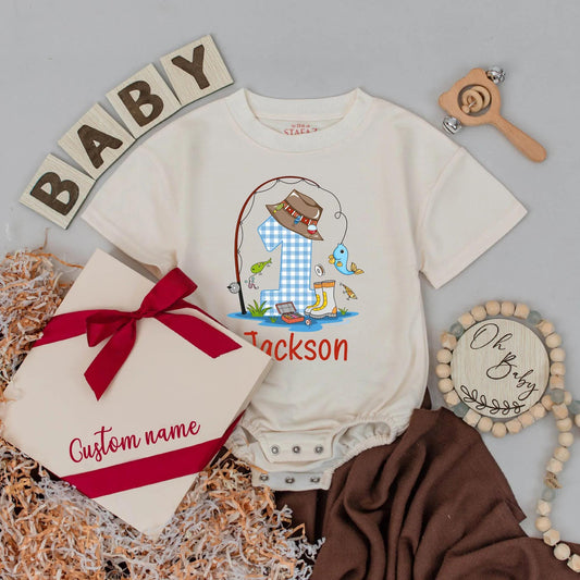 Custom The Big One Fishing Birthday Romper for Baby Boy - Personalized Name Bubble Romper, Daddy's Fishing Buddy Outfit, First Birthday Gift (137 chars)