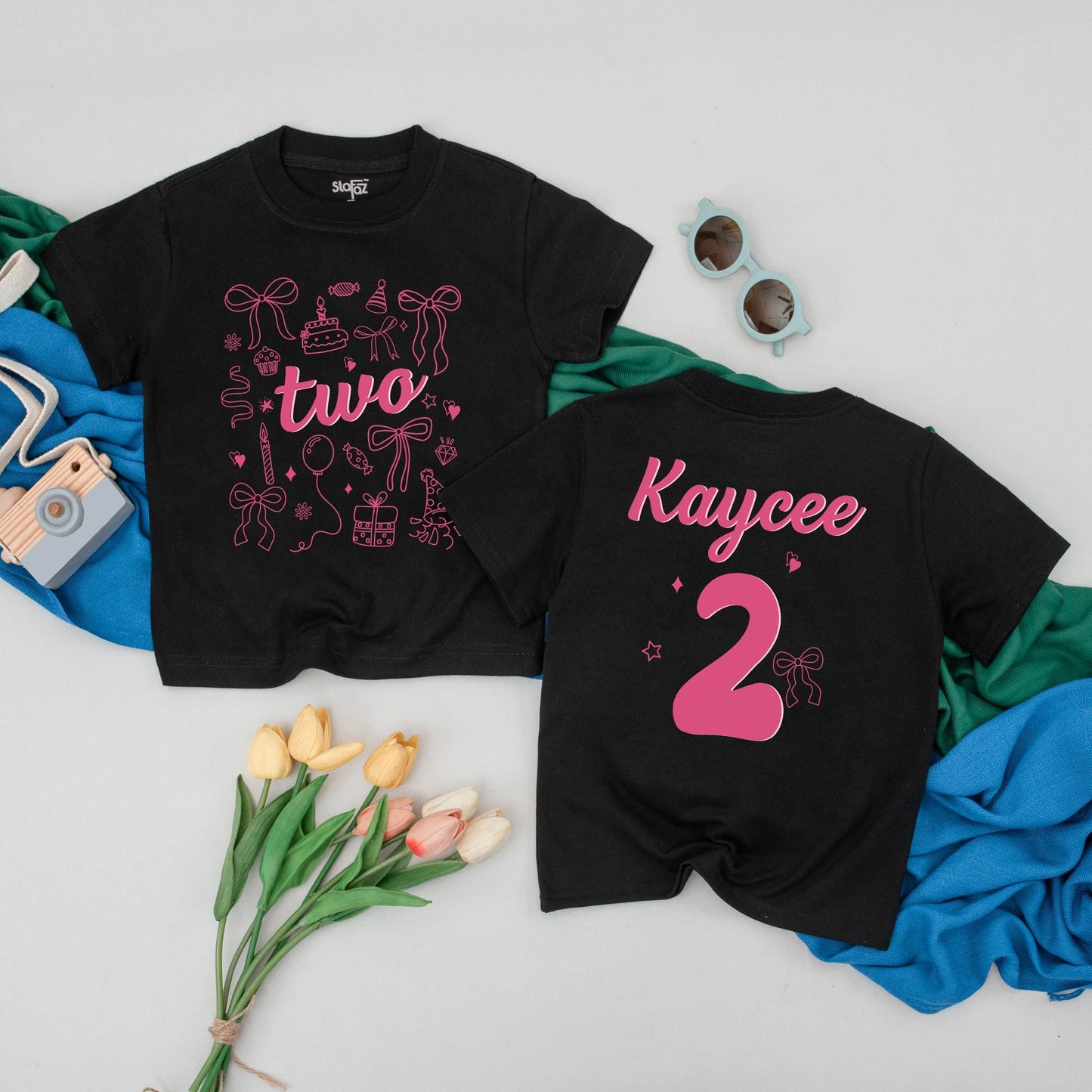 Kaycee's Sweet Two Birthday Girl T-Shirt Pink Bow Cake Balloon Design Second Birthday Outfit Toddler Party Tee