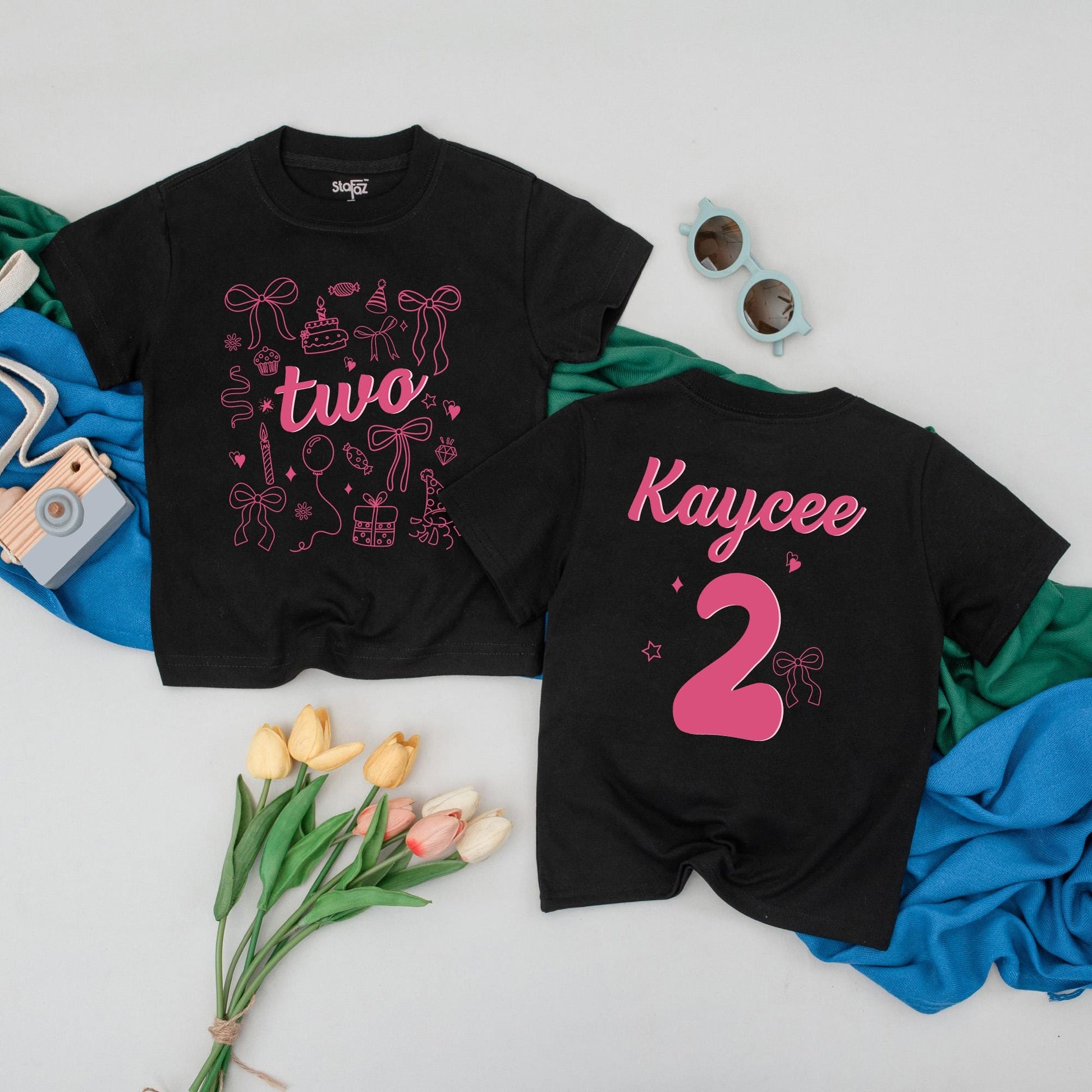 Kaycee's Sweet Two Birthday Girl T-Shirt Pink Bow Cake Balloon Design Second Birthday Outfit Toddler Party Tee