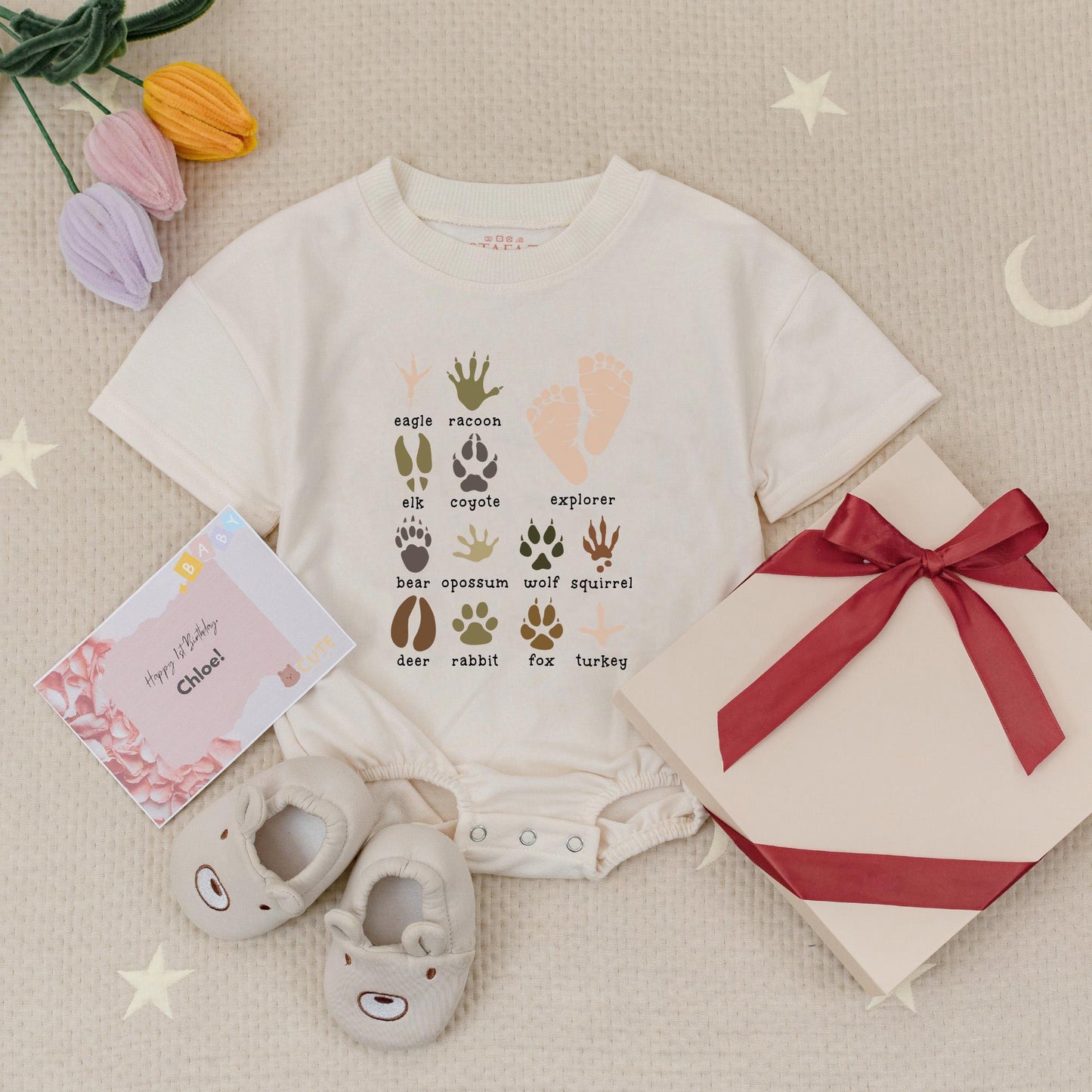 Explorer Animal Paw Prints Baby Romper Adventure Bodysuit Earthy Brown Green Nature Explore Wildlife Lover Newborn Gift