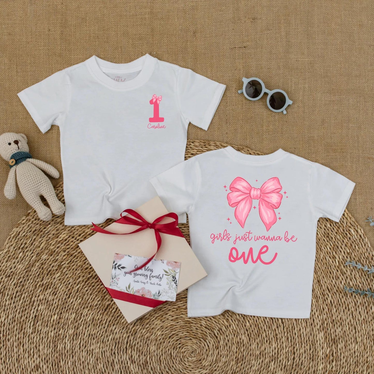 Personalized 1st Birthday Girl Romper, 'Caroline' & Pink Bow, Custom Baby Girl Bodysuit, 'Girls Just Wanna Be One' Outfit, 1 Year Gift