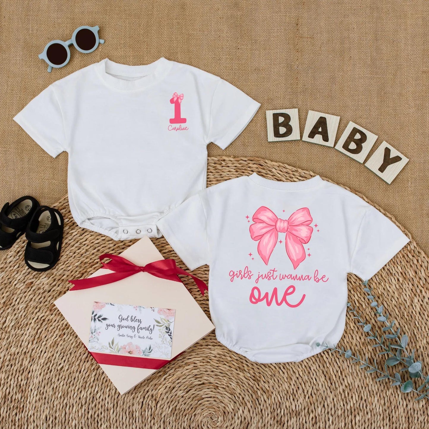 Personalized 1st Birthday Girl Romper, 'Caroline' & Pink Bow, Custom Baby Girl Bodysuit, 'Girls Just Wanna Be One' Outfit, 1 Year Gift