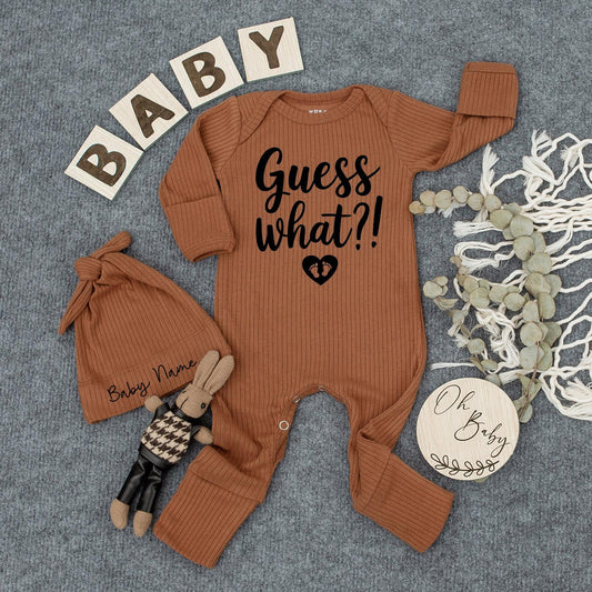 Guess What? Baby Announcement Bodysuit Personalized with Baby Name Beanie Newborn Outfit Pregnancy Reveal Gift Set Coming Home Surprise Unisex Sleeper 139
