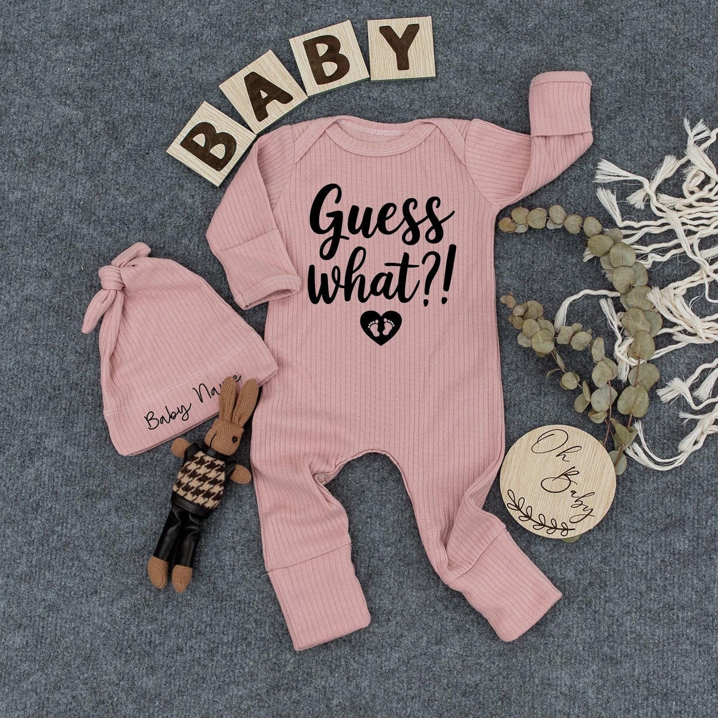 Guess What? Baby Announcement Bodysuit Personalized with Baby Name Beanie Newborn Outfit Pregnancy Reveal Gift Set Coming Home Surprise Unisex Sleeper 139