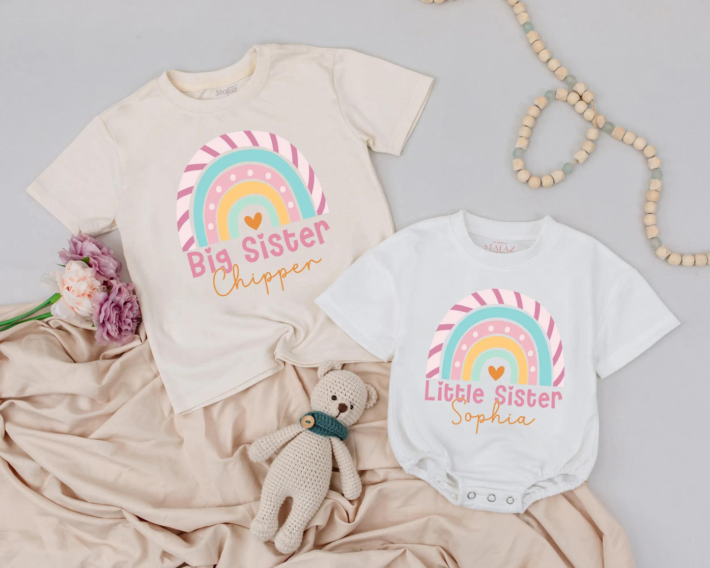 Pastel Rainbow Big Sister Little Sister Shirts Custom Name Outfit Baby Girl Romper Matching Sibling Announcement Gift