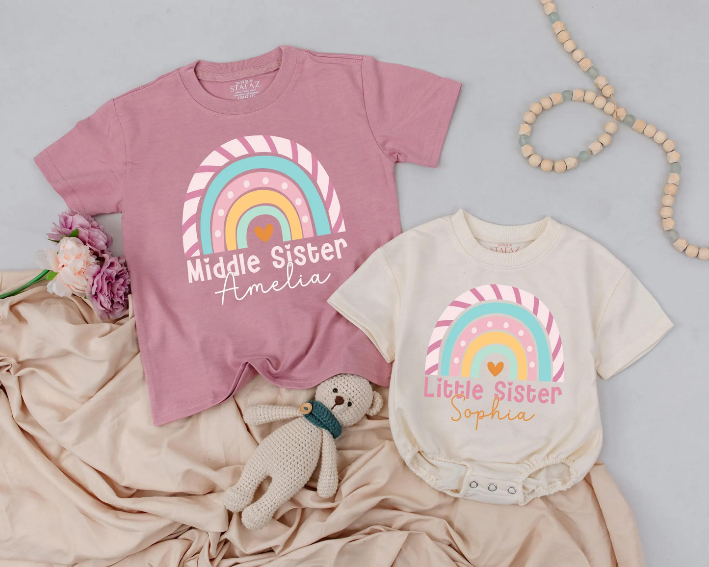 Pastel Rainbow Big Sister Little Sister Shirts Custom Name Outfit Baby Girl Romper Matching Sibling Announcement Gift