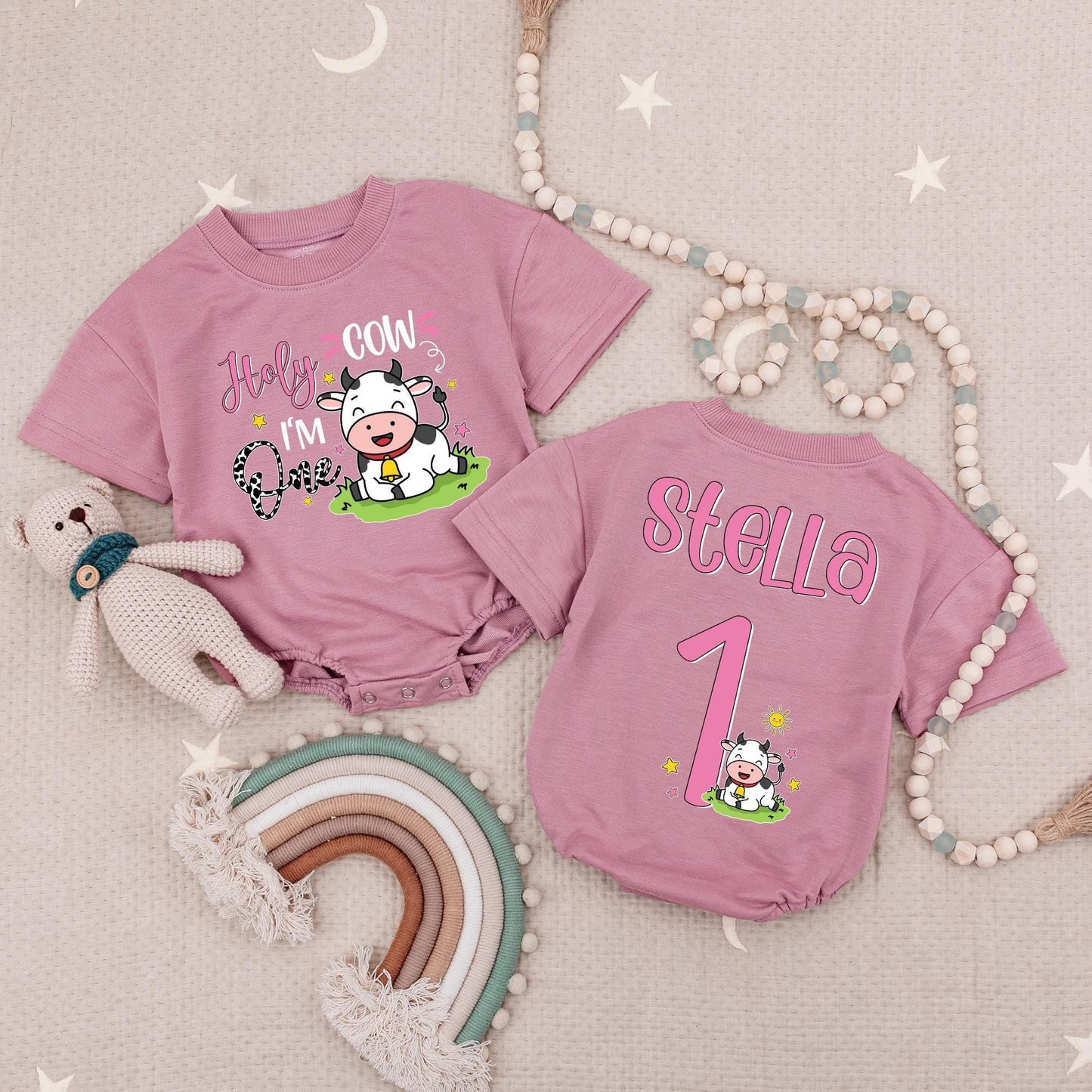 Personalized Holy Cow I'm One 1st Birthday Baby Girl Romper Custom Farm Outfit Cheerful Pink Cow Print Babysuit Whimsical Infant Milestone Celebration