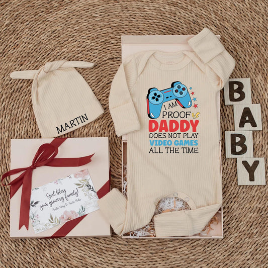 I AM PROOF Daddy Doesn't Play Games Funny Gamer Baby Bodysuit Outfit, Custom Newborn Clothes for Father's Day, Playful Blue Video Game Design 138