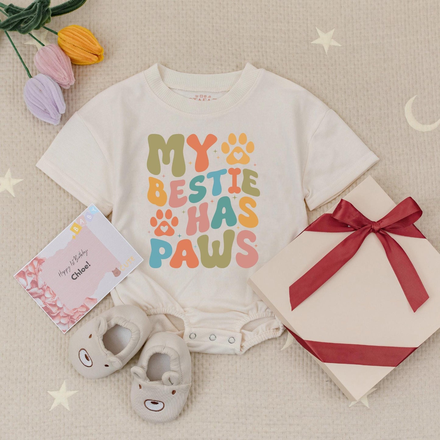 Retro 'My Bestie Has Paws' Baby Romper with Olive Green, Orange, Teal & Pink Colors, Pet Lover Baby Bodysuit Gift