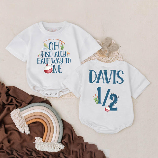Fishing Half Birthday Outfit Baby Boy Oh Fish-ally Half Way to One Romper 6 Month Custom Baby Fishing Bodysuit Birthday Gift