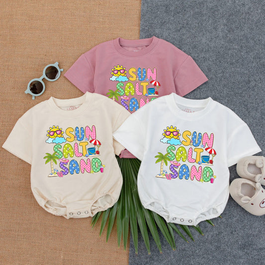 Sun Salt Sand Retro Summer Baby T-shirt Bubble Romper Boho Girl Cute Kid Vintage Infant Short Sleeve Beach Day Outfit Perfect Baby Shower Gift Coming Home