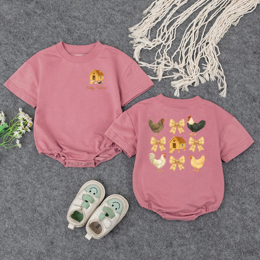 Personalized Farm Chicken Baby Romper with Plaid Bows, Cute Rooster Bodysuit, Retro Newborn Outfit, Whimsical Barnyard Gift, Farm Animal Baby Clothes