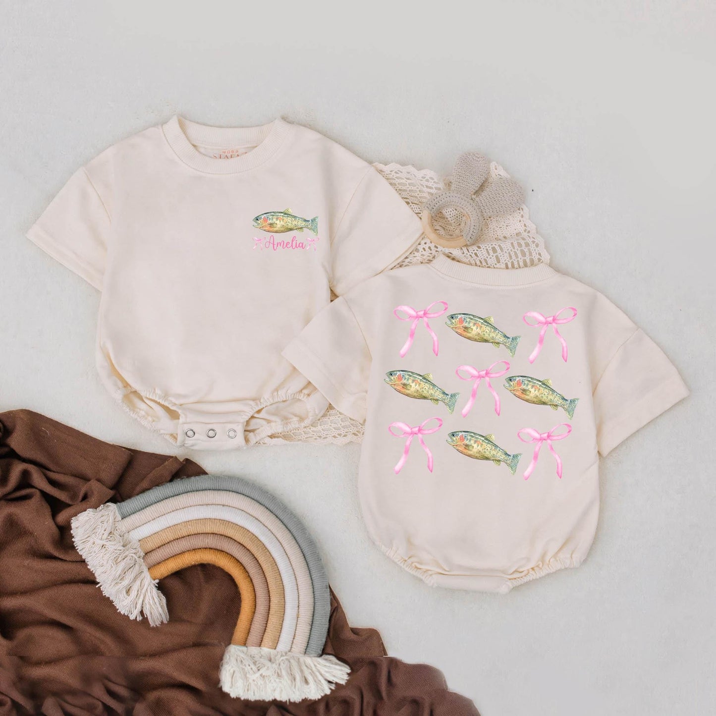 Personalized Pink Bow Bass Fish Girl Outfit Cute Baby Romper First Birthday Summer Gift